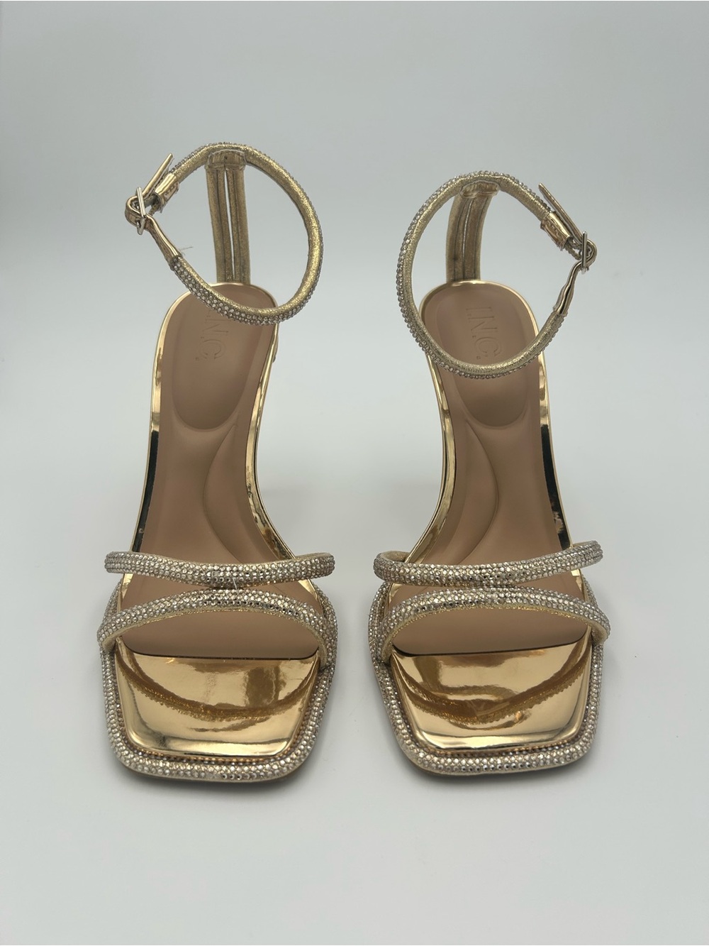 INC International Concepts Gold Crystal AnkleStrap Stiletto Evening Sandal Heels